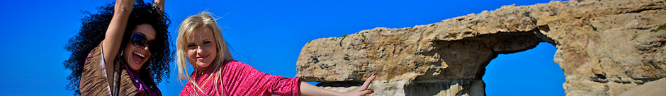 Two women enjoyong their day at the Azzur Window, Gozo